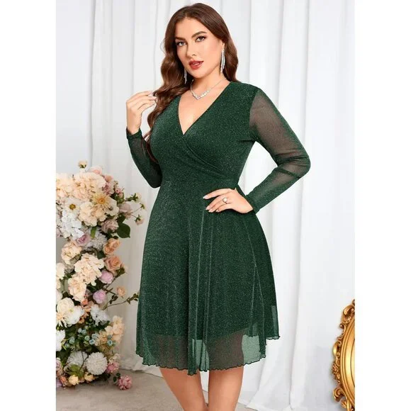 Plus Size Glitter Dress Sparkly Mesh Long Sleeve V Neck Wrap A Line Plus Size Glitter Dress Sparkly Mesh Long Sleeve V Neck Wrap A Line